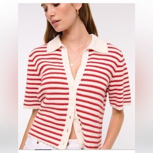 Abercrombie & Fitch Red and White Striped Crochet Top, Medium
